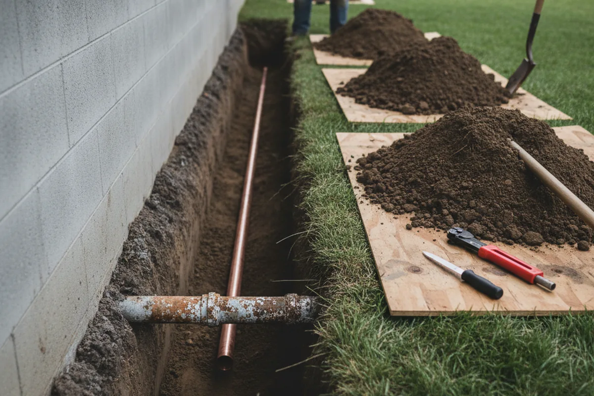 Excavated water line trench during Sewer Line Repair in Imperial